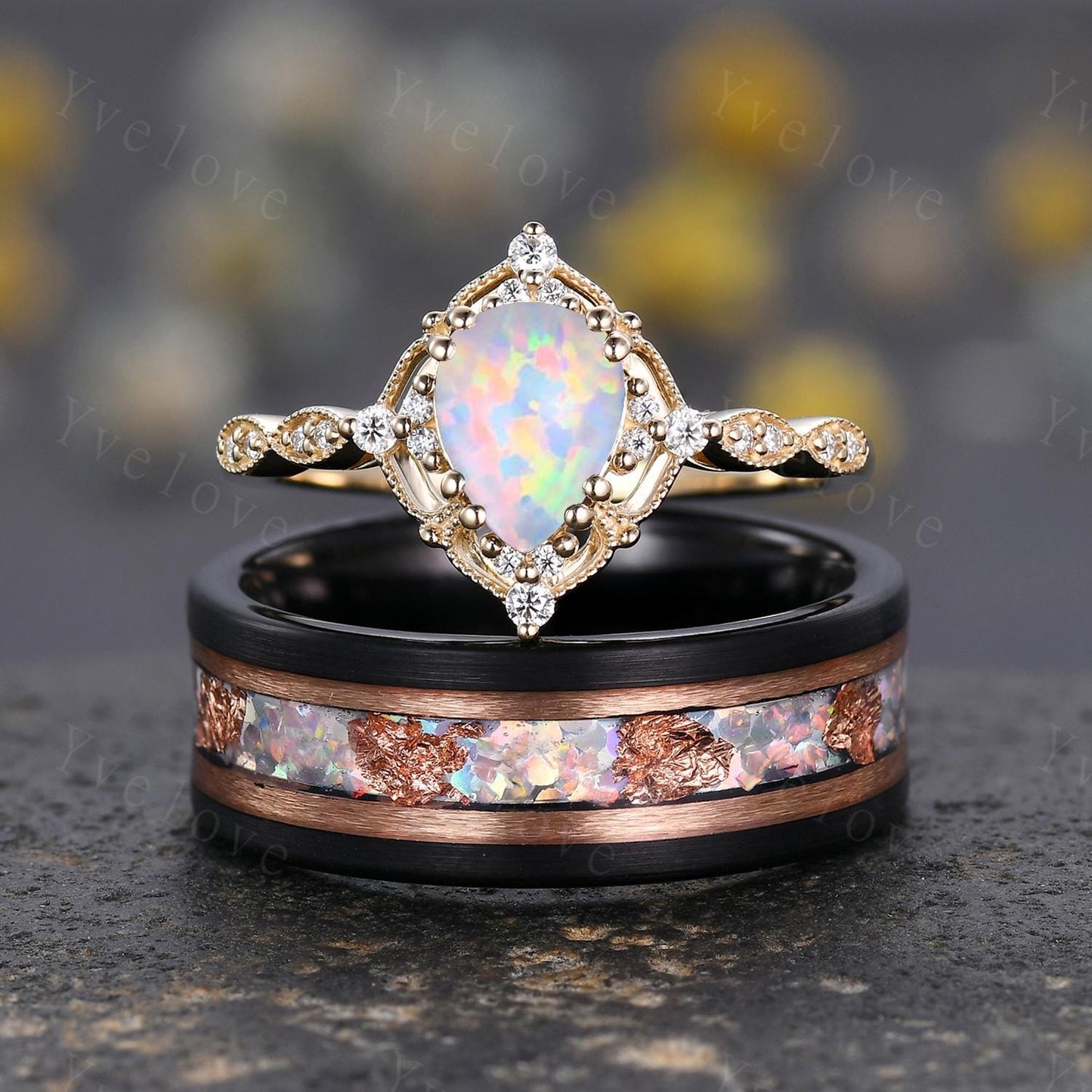 Unique Pear Opal Couples Ring Rose Gold Matching Ring Set His and Hers Wedding Band Mens Opal Ring Couple Promise Ring October Birthstone