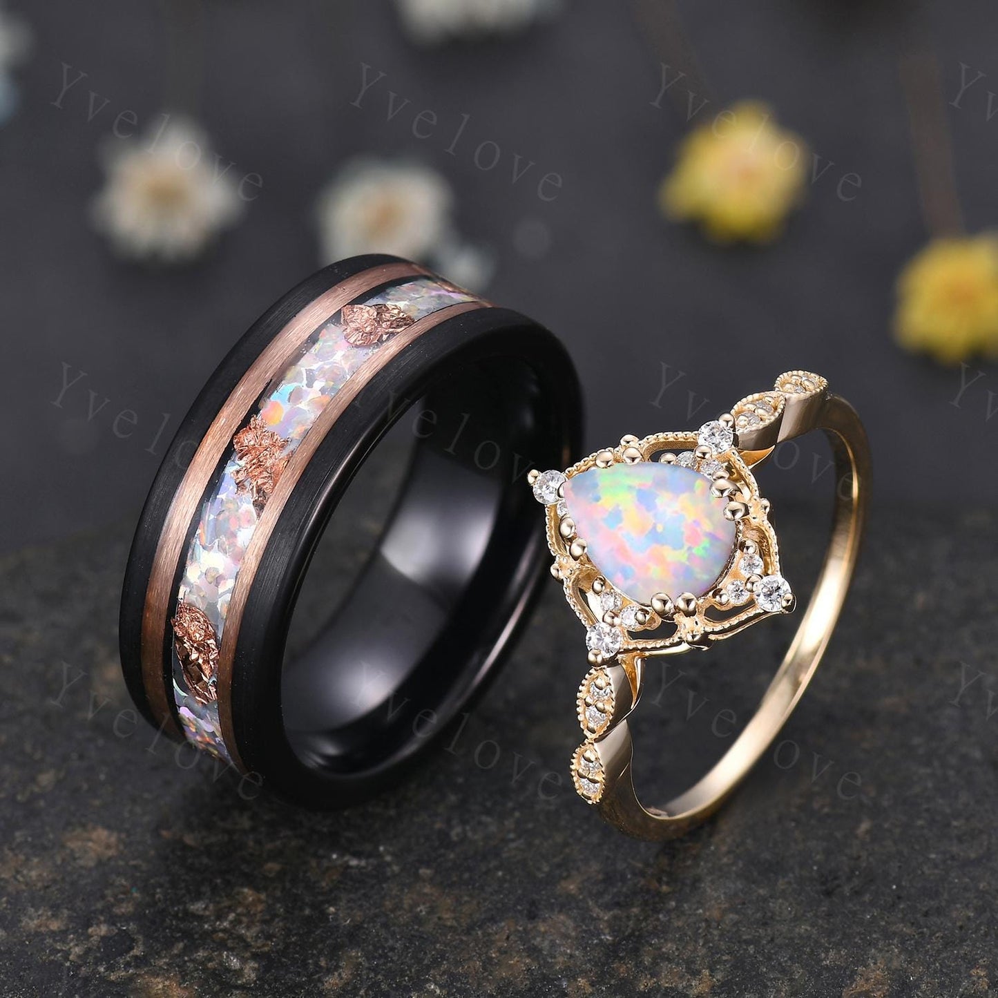 Unique Pear Opal Couples Ring Rose Gold Matching Ring Set His and Hers Wedding Band Mens Opal Ring Couple Promise Ring October Birthstone