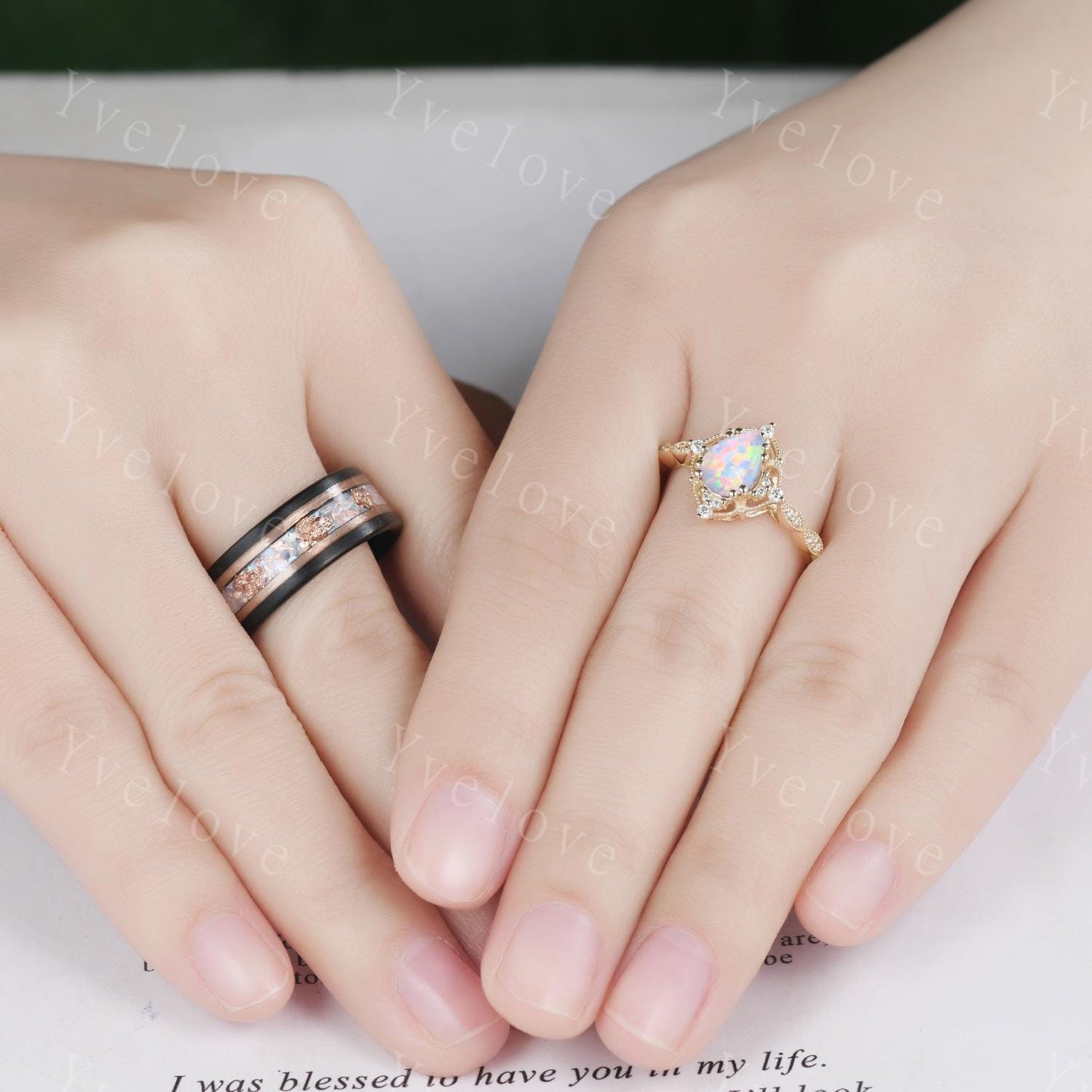 Unique Pear Opal Couples Ring Rose Gold Matching Ring Set His and Hers Wedding Band Mens Opal Ring Couple Promise Ring October Birthstone