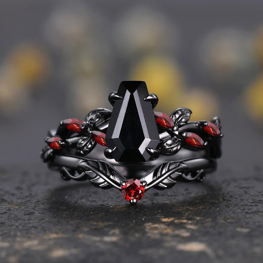 Coffin Shape Black Onyx Ring,Vintage Twig Vine Leaf Ring,Antique Red Garnet Bridal Promise Ring Set Anniversary Gift 14k Black Gold band