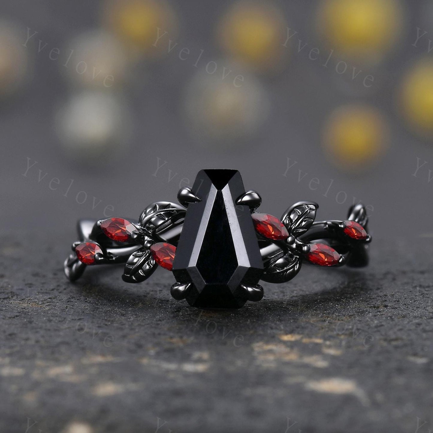 Coffin Shape Black Onyx Ring,Vintage Twig Vine Leaf Ring,Antique Red Garnet Bridal Promise Ring Set Anniversary Gift 14k Black Gold band