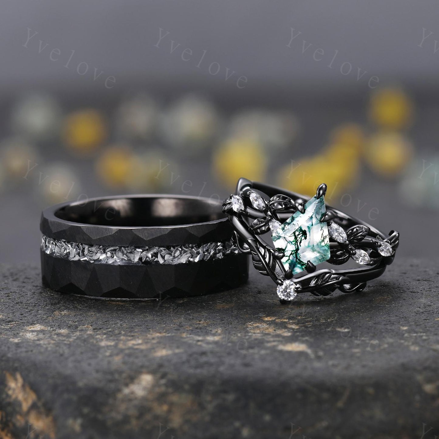 Unique Kite Cut Moss Agate Couple Ring Set Gothic Black Rings His and Hers Wedding Band Mens Galaxy Tungsten Ring Couples Promise Ring Set