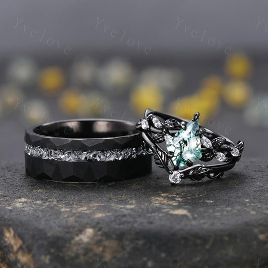 Unique Kite Cut Moss Agate Couple Ring Set Gothic Black Rings His and Hers Wedding Band Mens Galaxy Tungsten Ring Couples Promise Ring Set