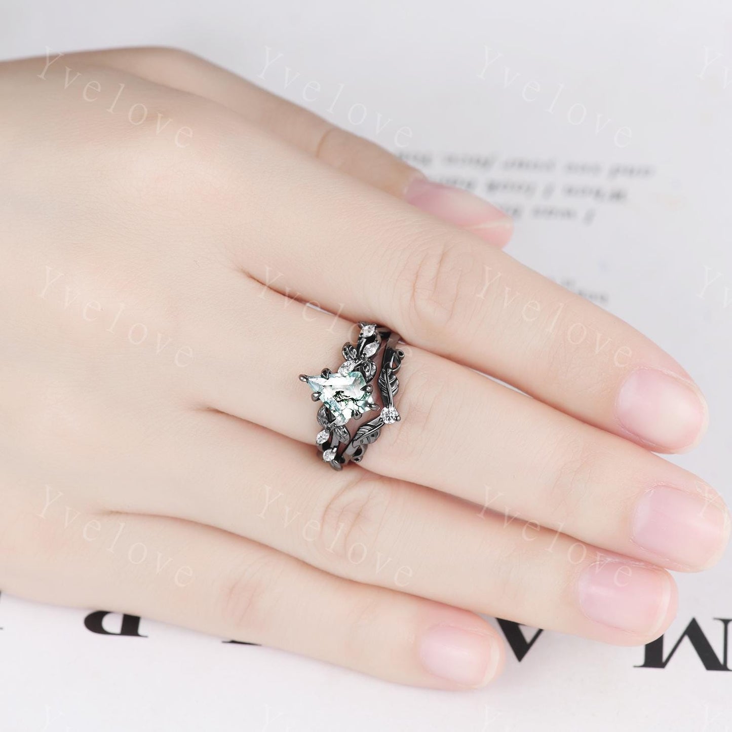 Unique Kite Cut Moss Agate Couple Ring Set Gothic Black Rings His and Hers Wedding Band Mens Galaxy Tungsten Ring Couples Promise Ring Set