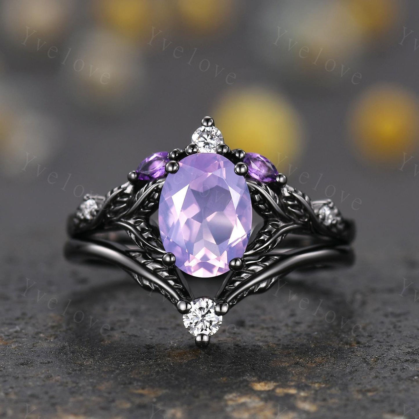 Natural Lavender Amethyst Engagement Ring Set February Birthstone Oval Cut Amethyst Ring Black Gold Leaf Nature Inspired Bridal Ring Set