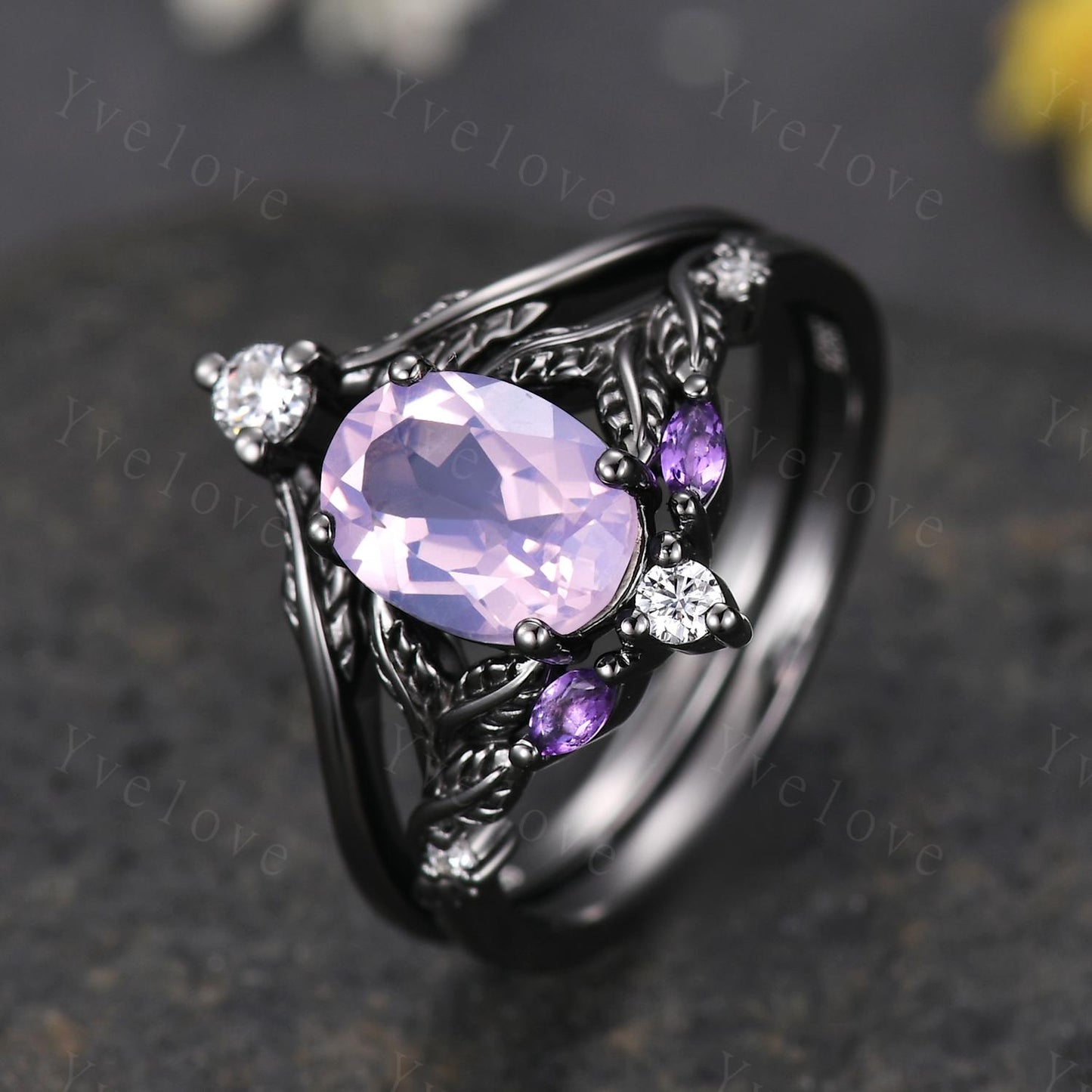 Natural Lavender Amethyst Engagement Ring Set February Birthstone Oval Cut Amethyst Ring Black Gold Leaf Nature Inspired Bridal Ring Set