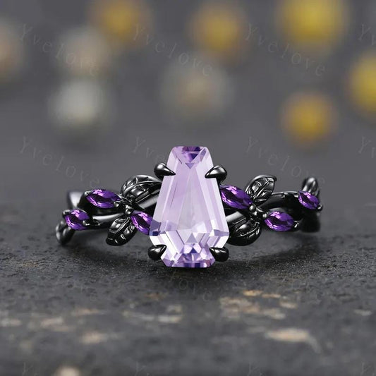 Coffin Shape Lavender Amethyst Engagement Ring,Vintage Twig Vine Leaf Ring,Antique Amethyst Bridal Promise Ring Anniversary Gift Black Gold