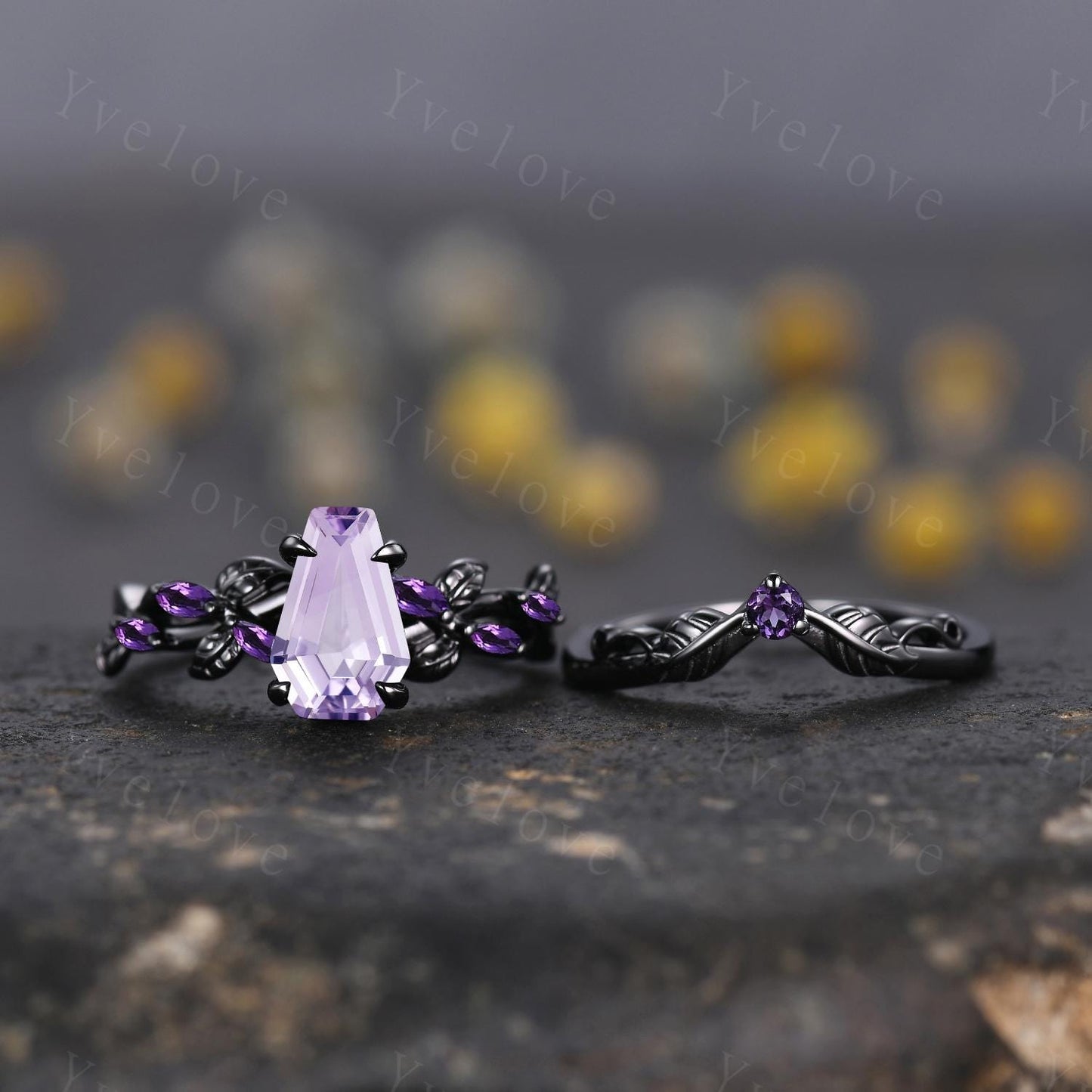Coffin Shape Lavender Amethyst Engagement Ring,Vintage Twig Vine Leaf Ring,Antique Amethyst Bridal Promise Ring Anniversary Gift Black Gold