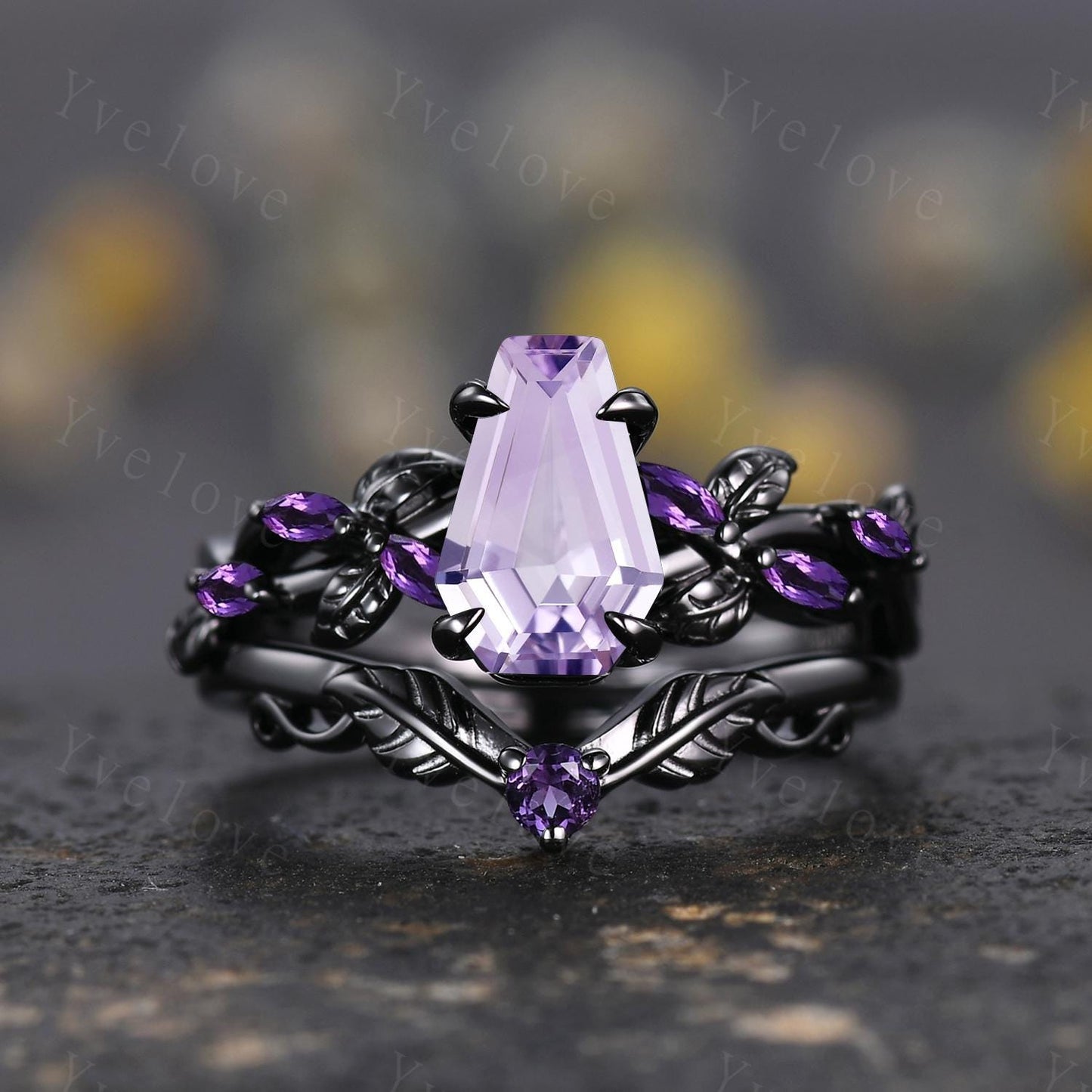 Coffin Shape Lavender Amethyst Engagement Ring,Vintage Twig Vine Leaf Ring,Antique Amethyst Bridal Promise Ring Anniversary Gift Black Gold