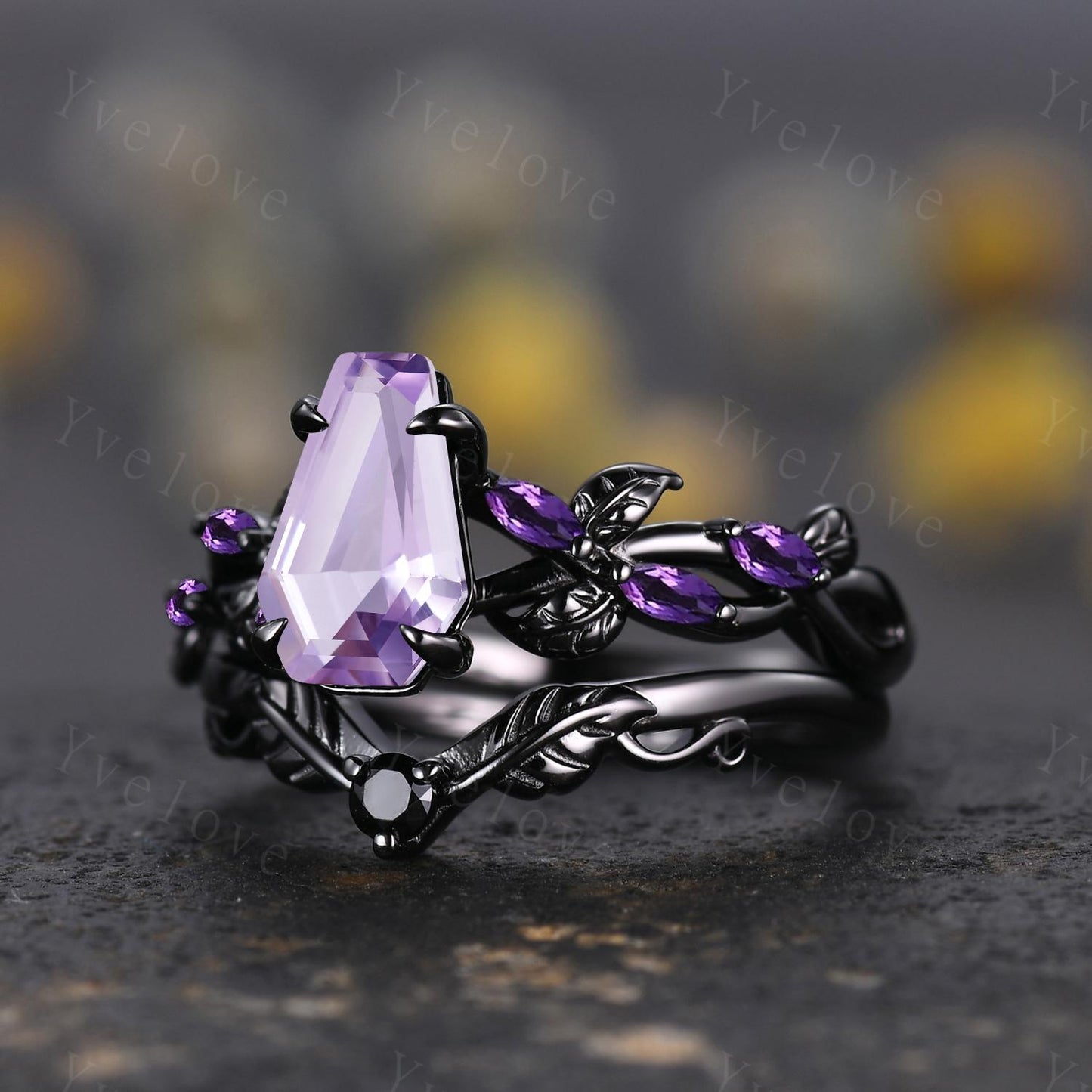 Coffin Shape Lavender Amethyst Engagement Ring,Vintage Twig Vine Leaf Ring,Antique Amethyst Bridal Promise Ring Anniversary Gift Black Gold