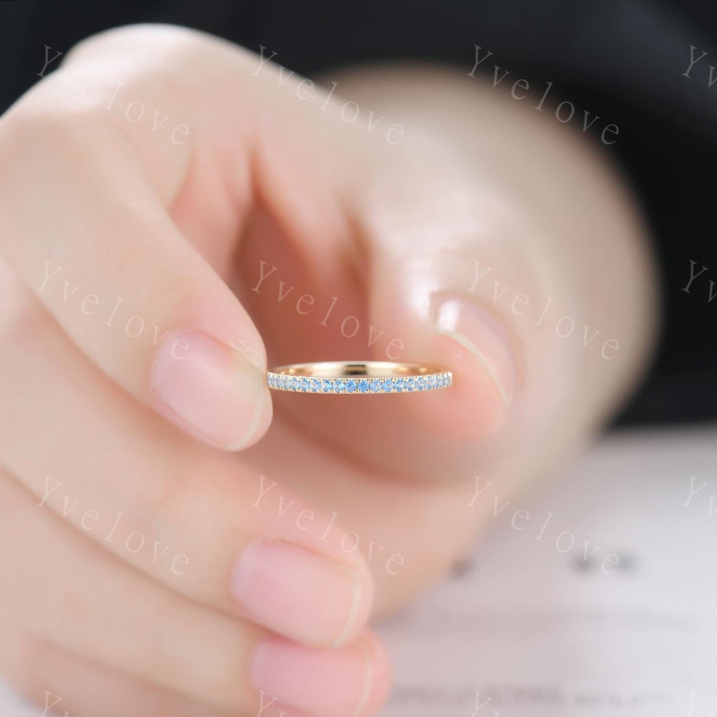 Natural Swiss Blue Topaz Ring,Blue Topaz Petite Wedding Ring,Toapz Wedding Band,14k White Gold,Half Eternity,Bridal Anniversary jewelry Gift