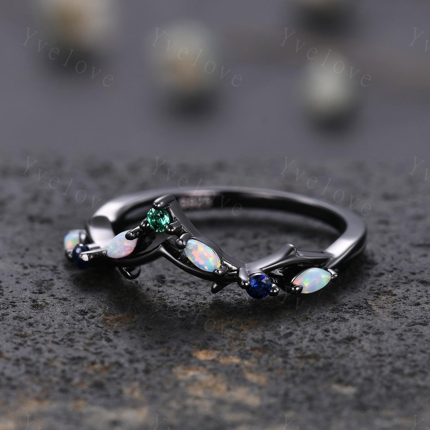 Antique Emerald Opal wedding band Sapphire Ring,Women Twig Matching Band,Gothic V Curved Branch Wedding Band,Black Gold Ring,Custom Gift