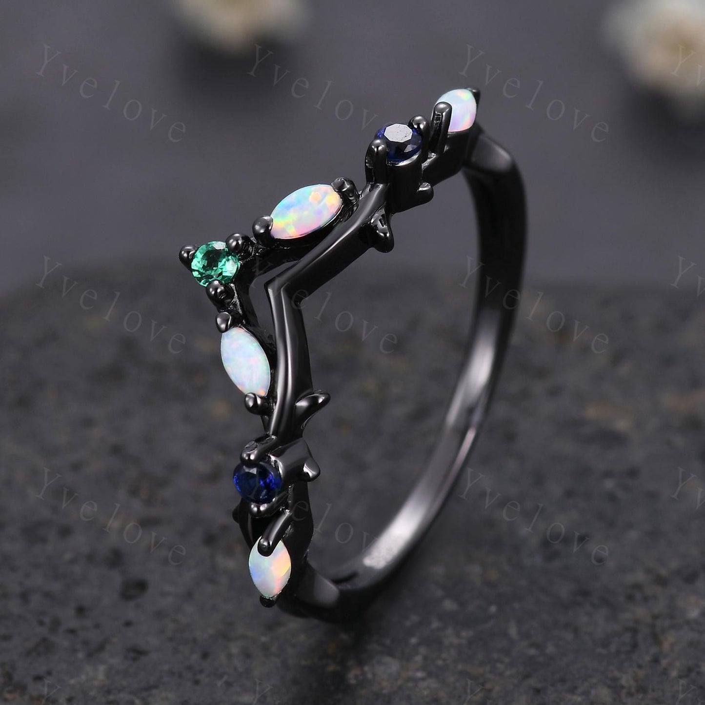 Antique Emerald Opal wedding band Sapphire Ring,Women Twig Matching Band,Gothic V Curved Branch Wedding Band,Black Gold Ring,Custom Gift