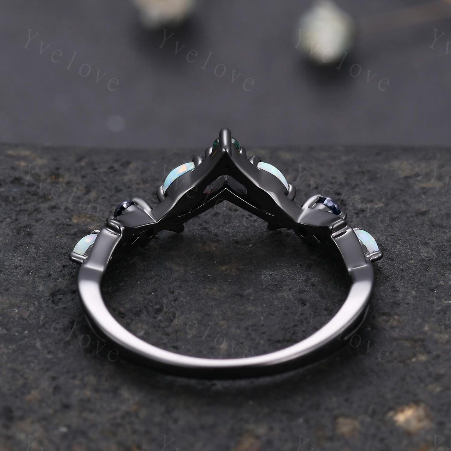 Antique Emerald Opal wedding band Sapphire Ring,Women Twig Matching Band,Gothic V Curved Branch Wedding Band,Black Gold Ring,Custom Gift