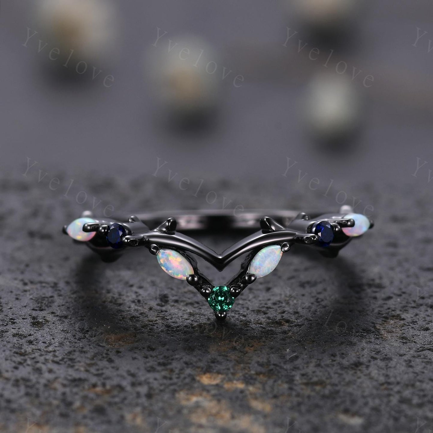 Antique Emerald Opal wedding band Sapphire Ring,Women Twig Matching Band,Gothic V Curved Branch Wedding Band,Black Gold Ring,Custom Gift