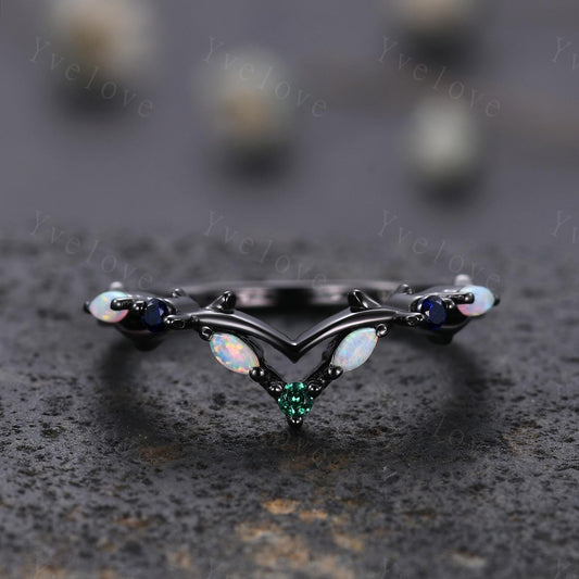 Antique Emerald Opal wedding band Sapphire Ring,Women Twig Matching Band,Gothic V Curved Branch Wedding Band,Black Gold Ring,Custom Gift