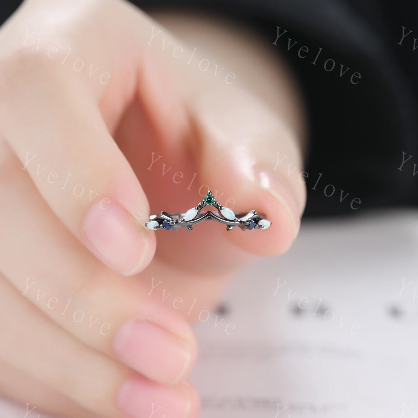 Antique Emerald Opal wedding band Sapphire Ring,Women Twig Matching Band,Gothic V Curved Branch Wedding Band,Black Gold Ring,Custom Gift