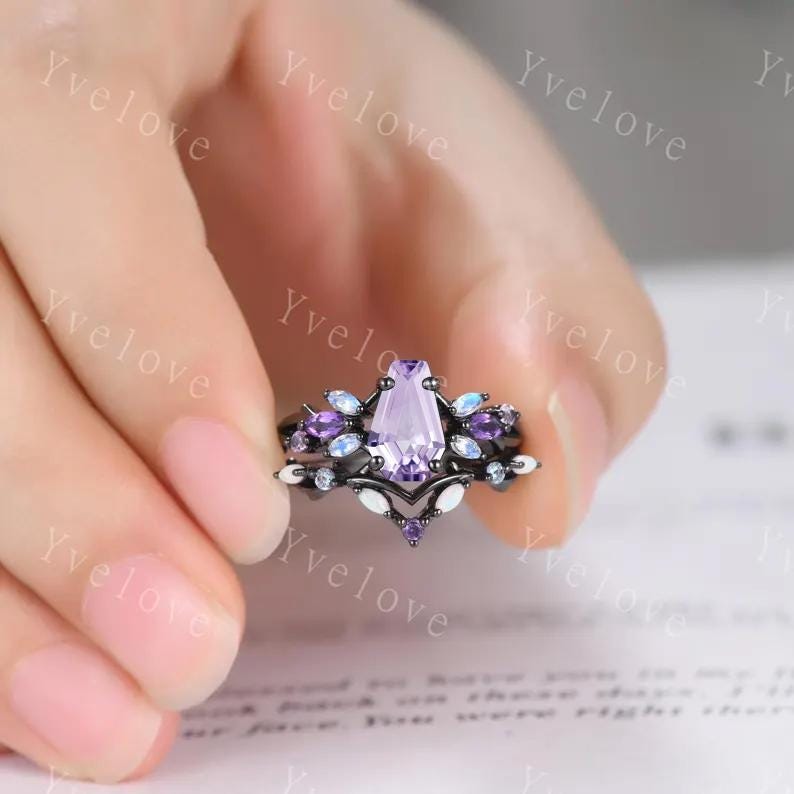 Gothic Coffin Lavender Amethyst Engagement Ring,Black Gold Ring,Vines Moonstone Pink Sapphire Ring,Bridal Set Anniversary Gift Promise Ring