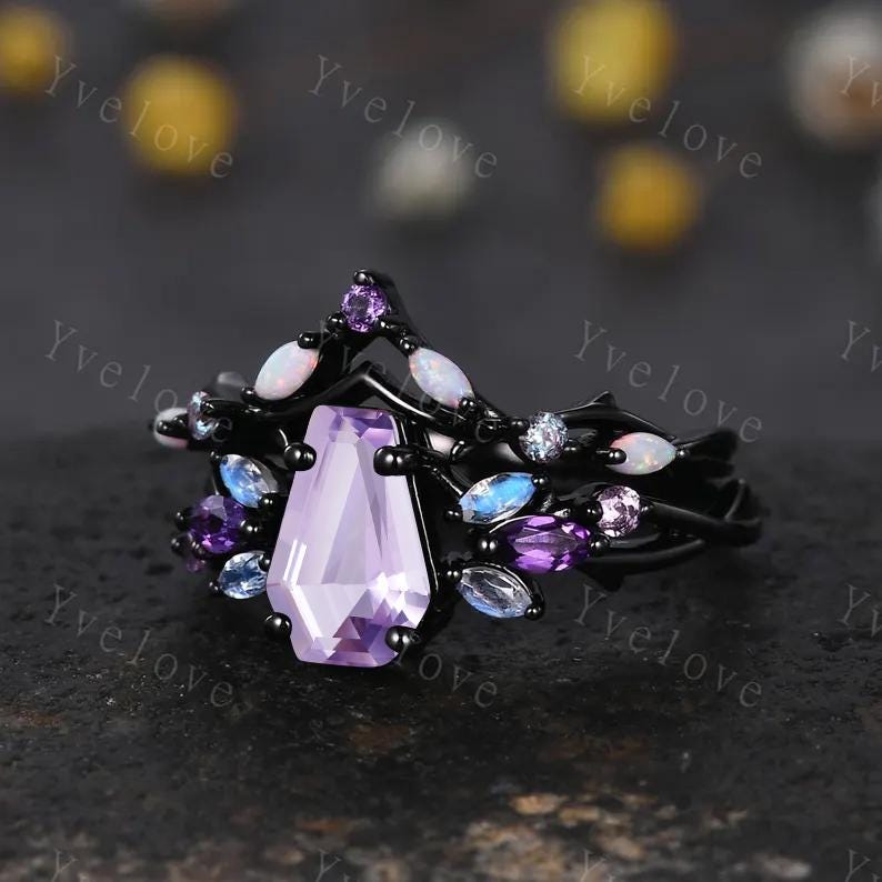 Gothic Coffin Lavender Amethyst Engagement Ring,Black Gold Ring,Vines Moonstone Pink Sapphire Ring,Bridal Set Anniversary Gift Promise Ring