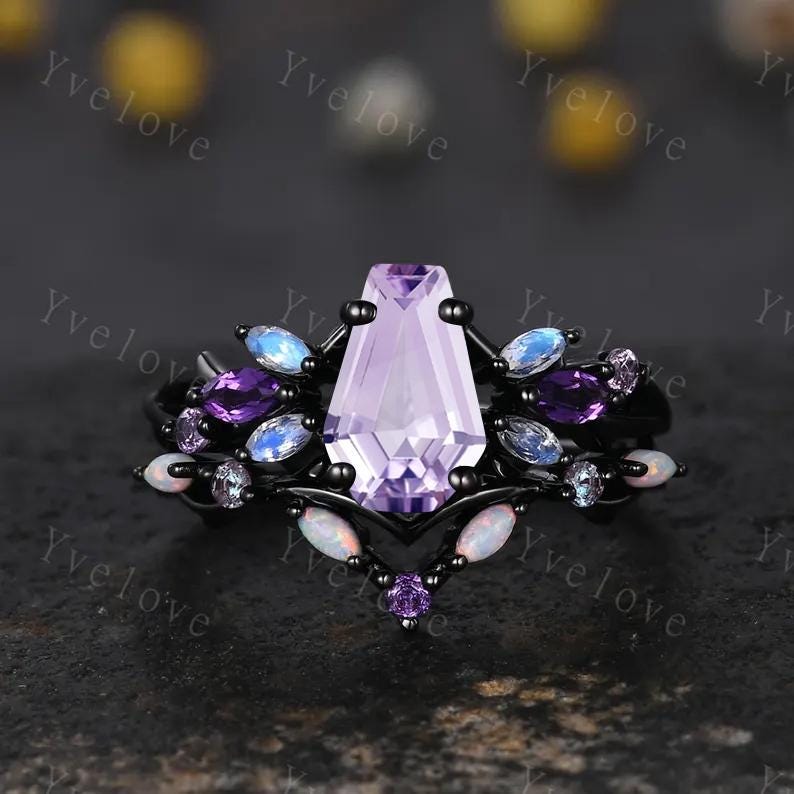 Gothic Coffin Lavender Amethyst Engagement Ring,Black Gold Ring,Vines Moonstone Pink Sapphire Ring,Bridal Set Anniversary Gift Promise Ring