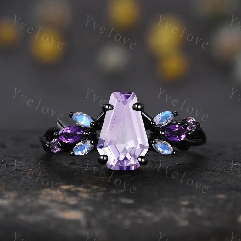 Gothic Coffin Lavender Amethyst Engagement Ring,Black Gold Ring,Vines Moonstone Pink Sapphire Ring,Bridal Ring Anniversary Gift Promise Ring