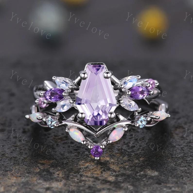 Gothic Coffin Lavender Amethyst Engagement Ring,Black Gold Ring,Vines Moonstone Pink Sapphire Ring,Bridal Set Anniversary Gift Promise Ring