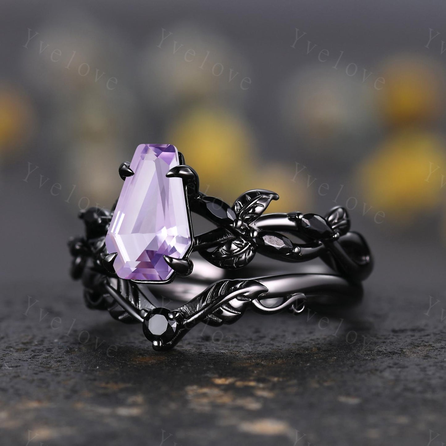 Coffin Shape Lavender Amethyst Ring,Vintage Twig Vine Leaf Ring,Antique Black Spinel Bridal Promise Ring Set Nature Inspired Black Gold band