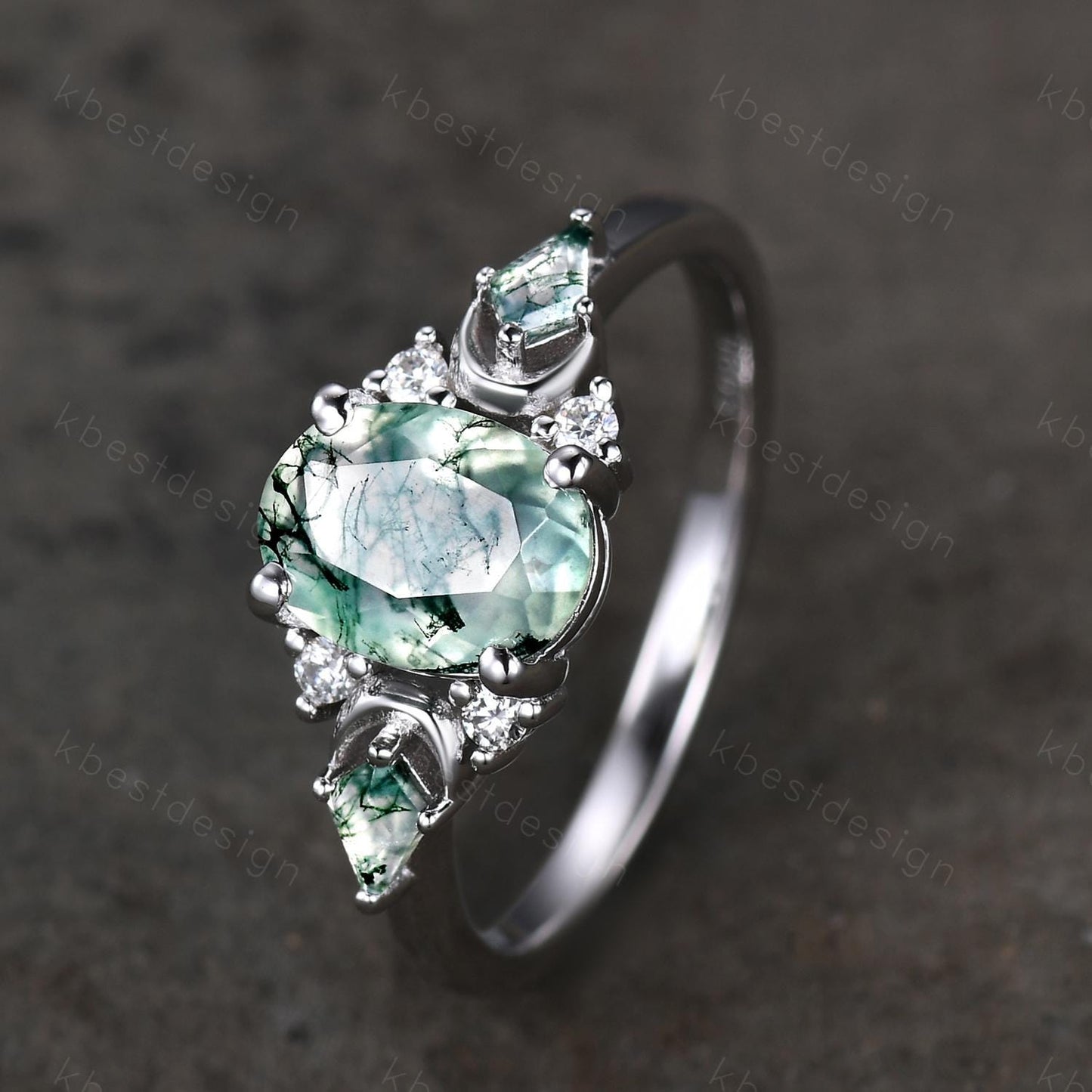 Vintage moss agate engagement ring unique promise ring for women crescent style ring kite cut moss agate cluster ring bridal ring