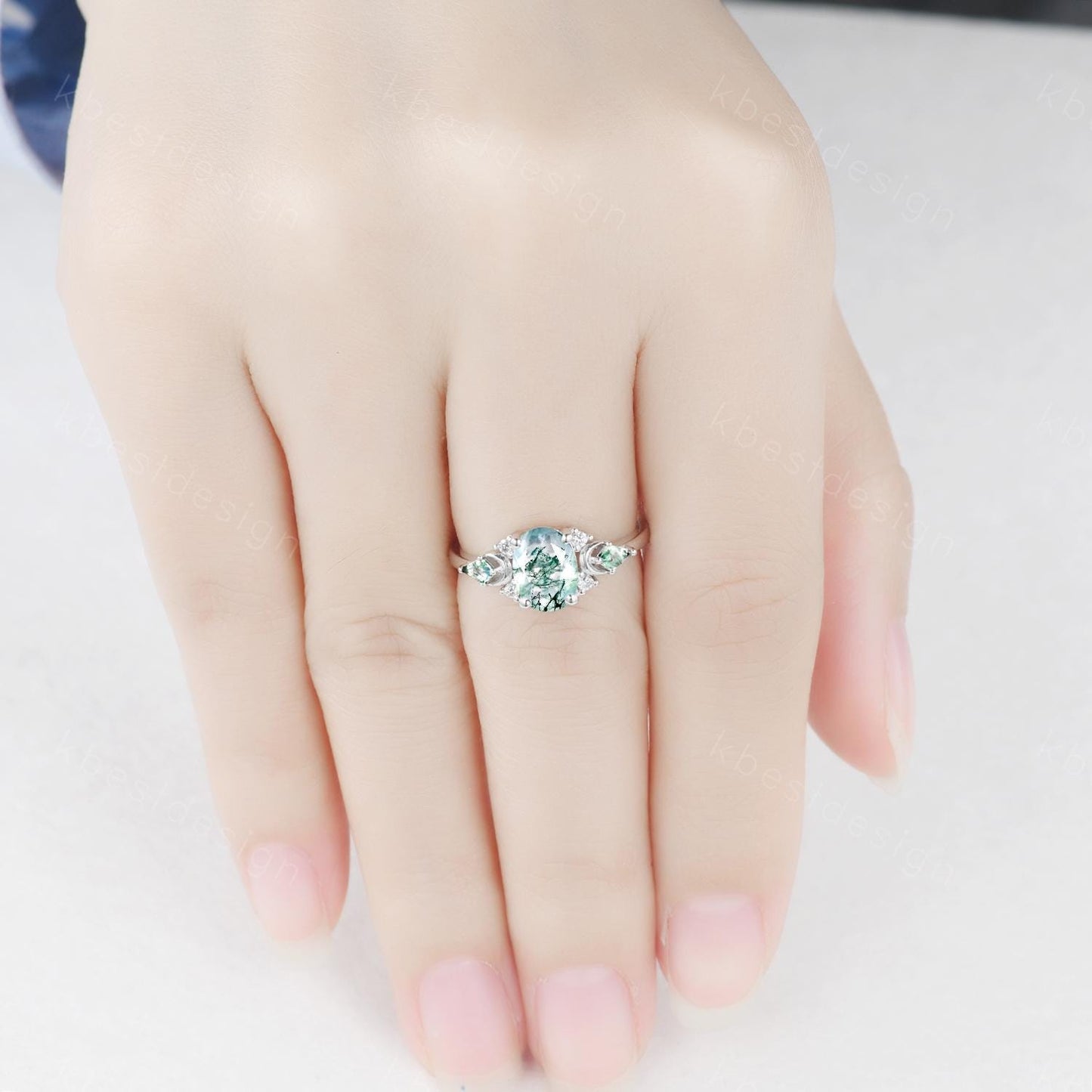 Vintage moss agate engagement ring unique promise ring for women crescent style ring kite cut moss agate cluster ring bridal ring