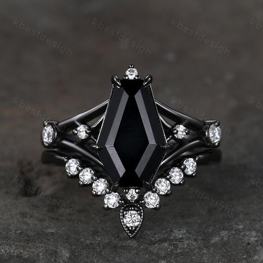 Gothic Black Onyx Engagement Ring Set Black Gold Rings For Women Unique Curved Moissanite Stacking Band Promise Statement Ring