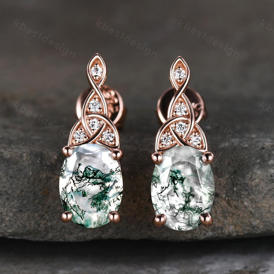 Celtic moss agate earrings women rose gold earring studs oval cut earrings art deco green agate studs anniversary gift for her