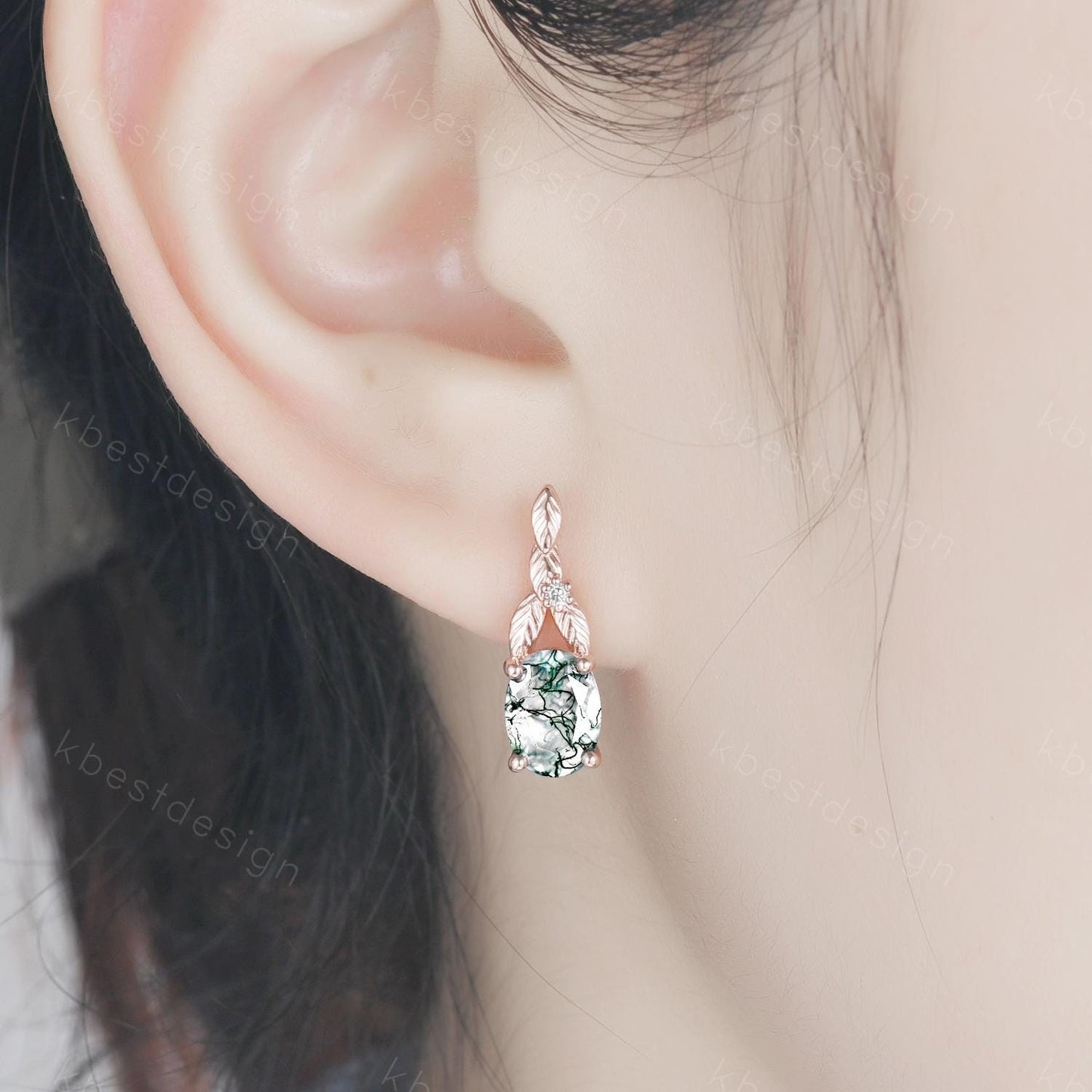 Oval cut moss agate earrings women rose gold earring studs branch leaf earrings nature inspired green agate studs anniversary gift for her