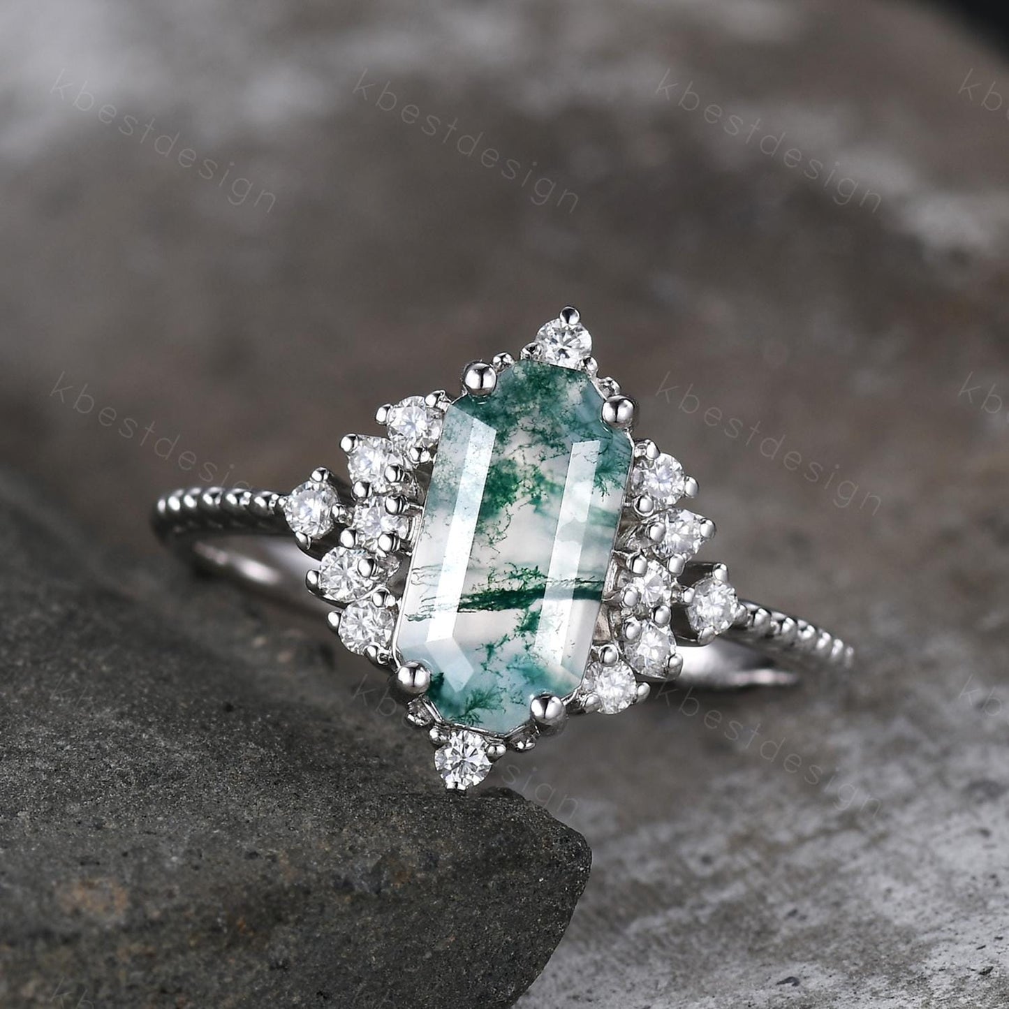 Retro moss agate engagement ring Long hexagon cut ring for women moissanite cluster ring art deco promise ring bridal ring