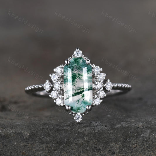 Retro moss agate engagement ring Long hexagon cut ring for women moissanite cluster ring art deco promise ring bridal ring