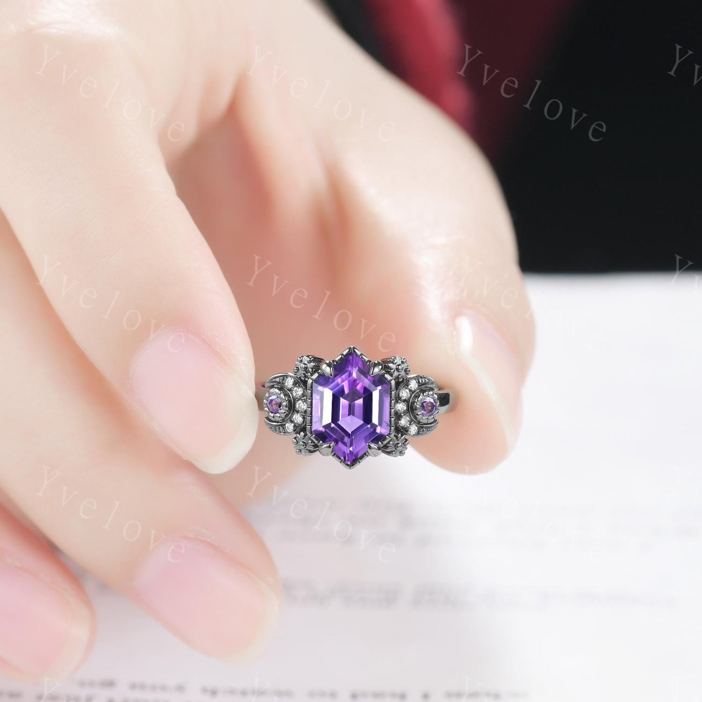 Nature Inspired Hexagon Amethyst Engagement Ring,Unique Celestial Moon Ring,Amethyst Cluster Ring,Black Gold,Women Art Deco Promise Ring