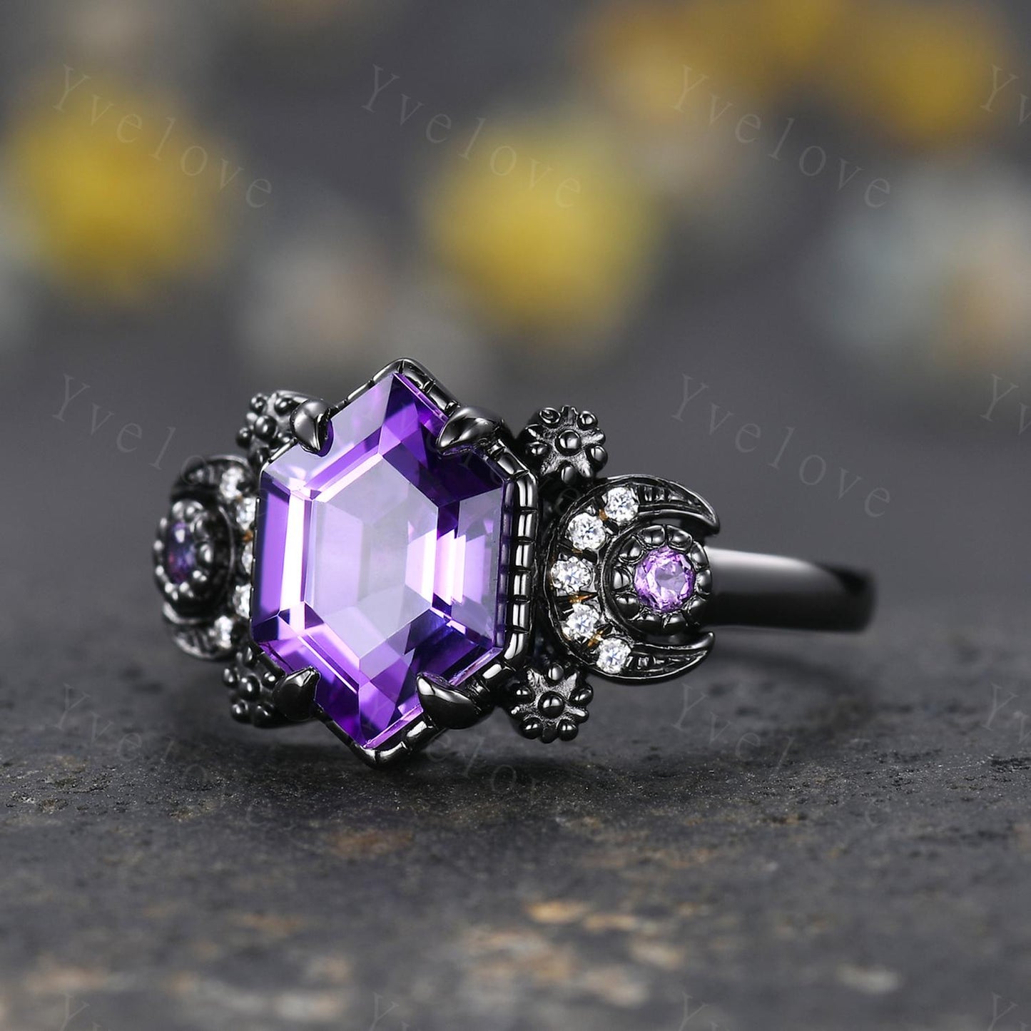 Nature Inspired Hexagon Amethyst Engagement Ring,Unique Celestial Moon Ring,Amethyst Cluster Ring,Black Gold,Women Art Deco Promise Ring