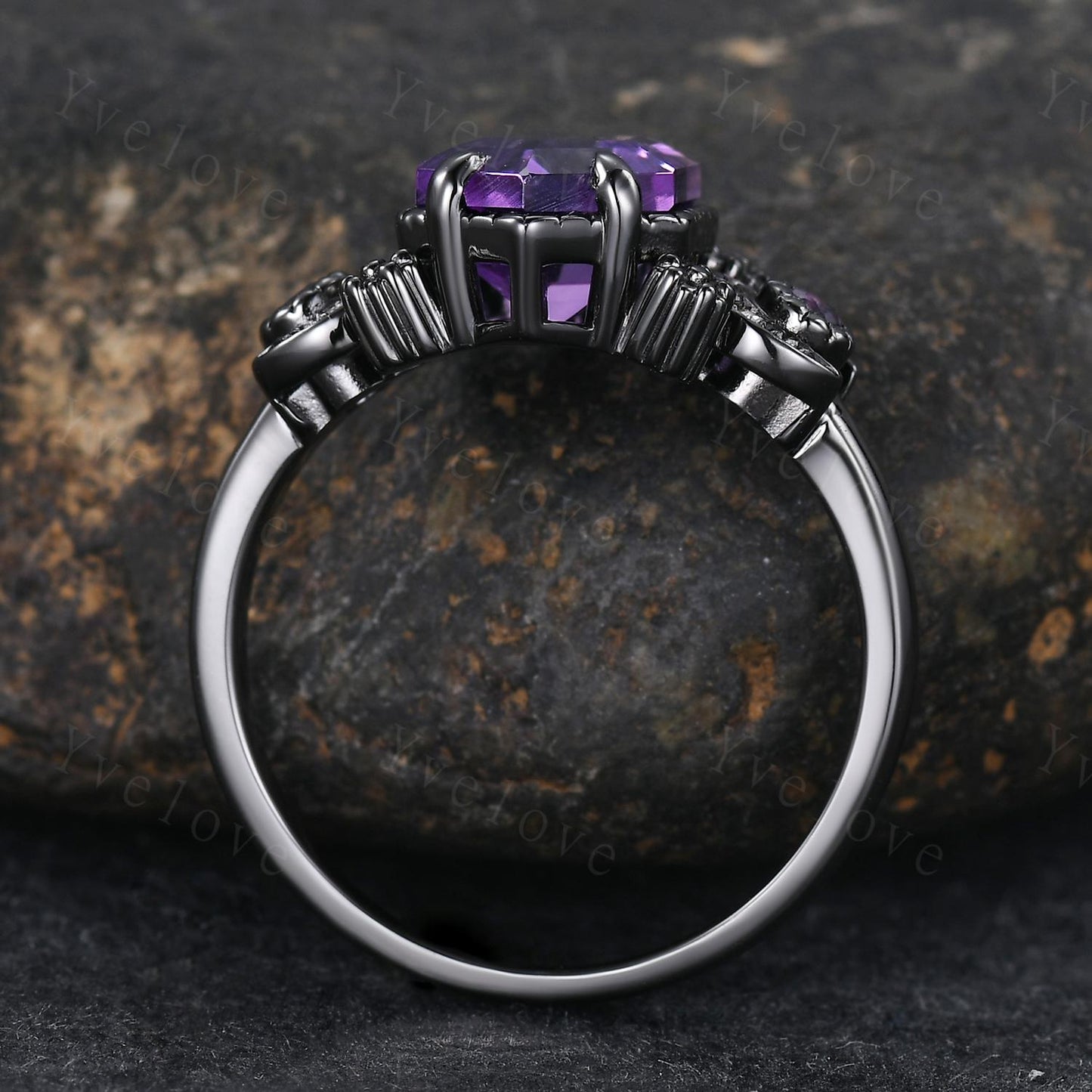 Nature Inspired Hexagon Amethyst Engagement Ring,Unique Celestial Moon Ring,Amethyst Cluster Ring,Black Gold,Women Art Deco Promise Ring