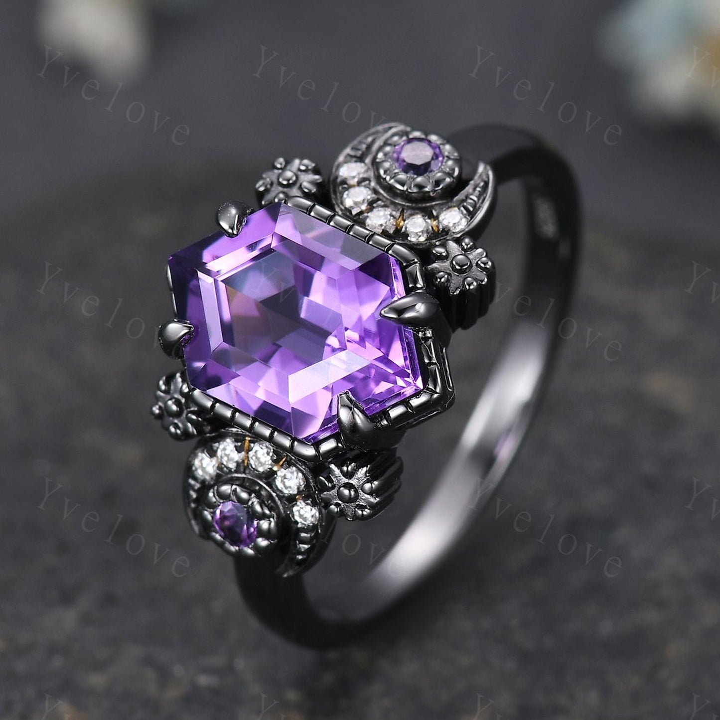 Nature Inspired Hexagon Amethyst Engagement Ring,Unique Celestial Moon Ring,Amethyst Cluster Ring,Black Gold,Women Art Deco Promise Ring