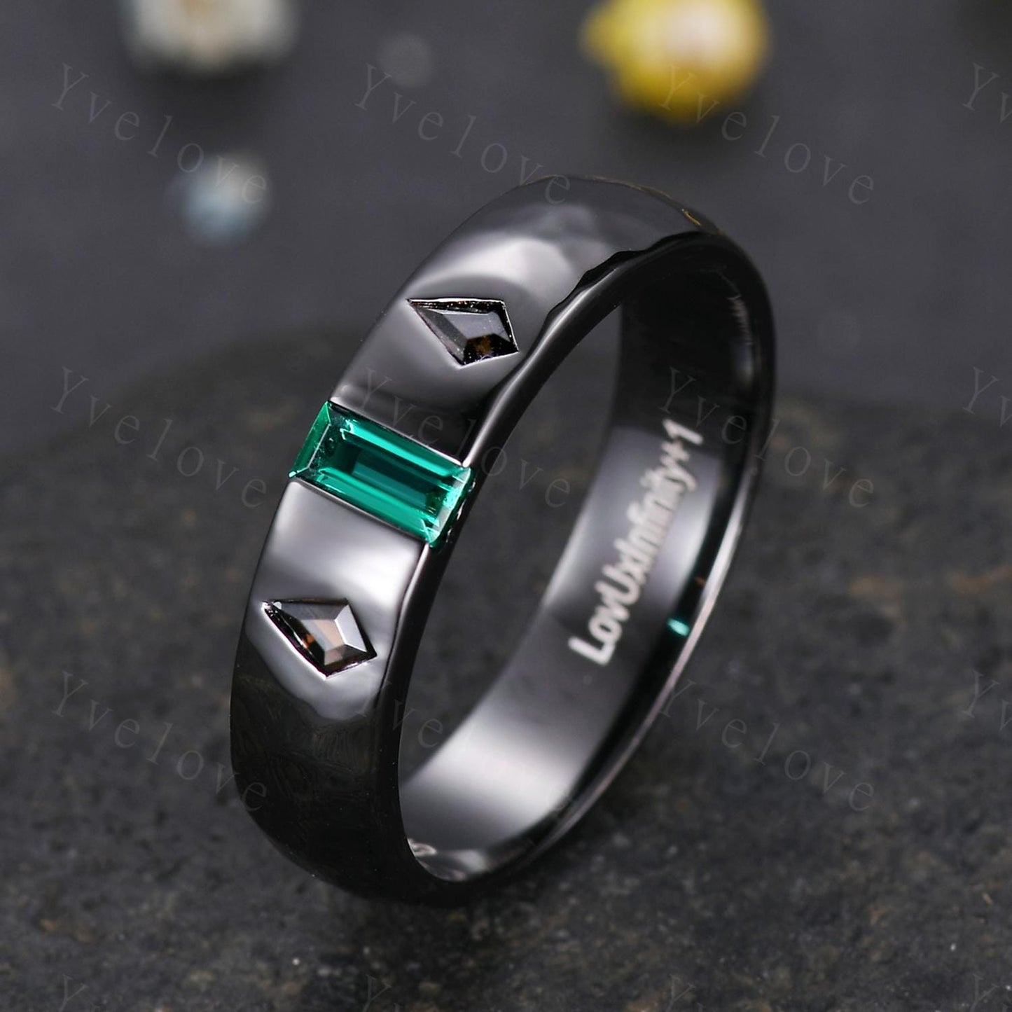 5mm Baguette Cut Emerald Ring Mens Kite Smoky Quartz Wedding Band 3 Gems Black Band Ring Mens Stacking Matching Band Retro Vintage Ring Gift