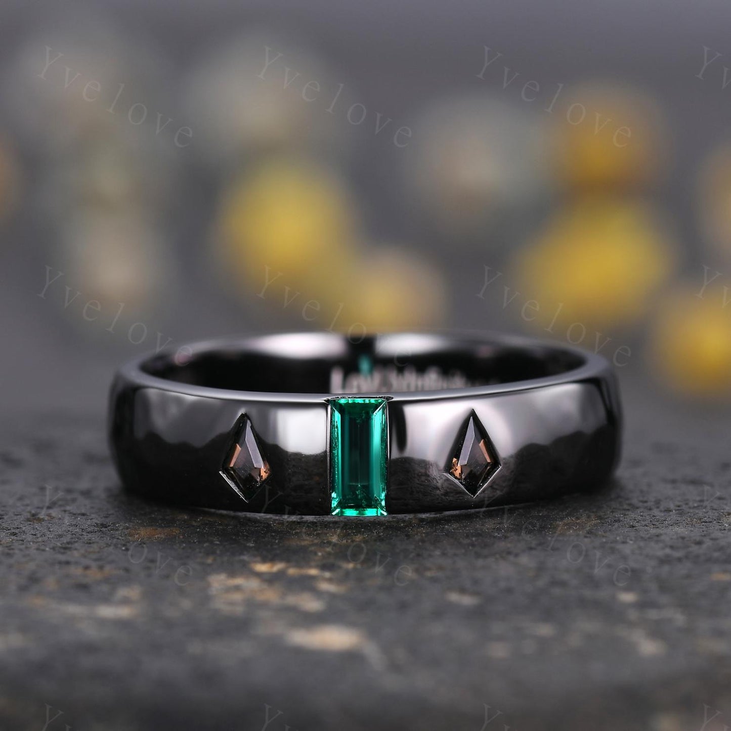 5mm Baguette Cut Emerald Ring Mens Kite Smoky Quartz Wedding Band 3 Gems Black Band Ring Mens Stacking Matching Band Retro Vintage Ring Gift