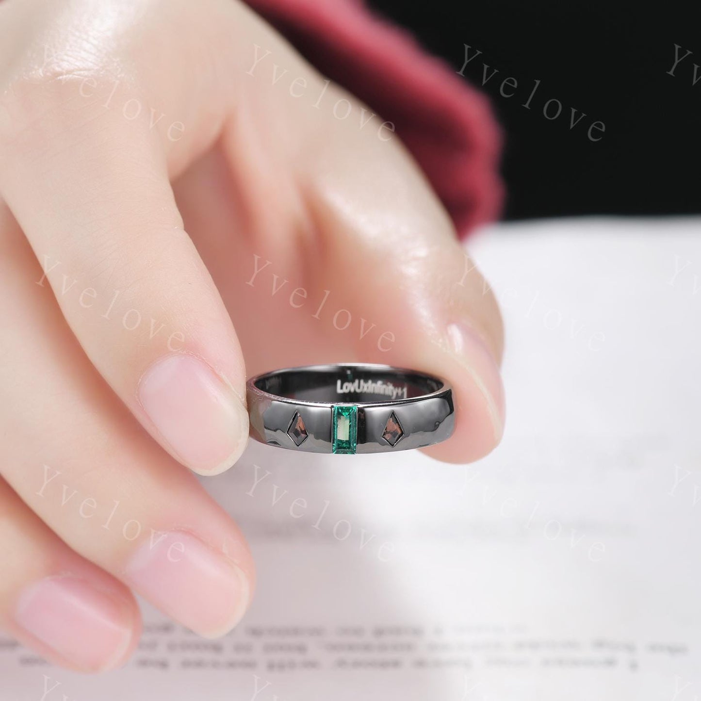 5mm Baguette Cut Emerald Ring Mens Kite Smoky Quartz Wedding Band 3 Gems Black Band Ring Mens Stacking Matching Band Retro Vintage Ring Gift