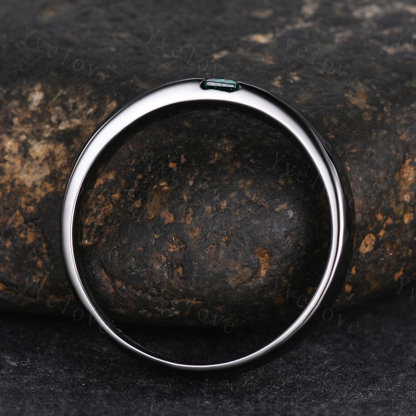 5mm Baguette Cut Emerald Ring Mens Kite Smoky Quartz Wedding Band 3 Gems Black Band Ring Mens Stacking Matching Band Retro Vintage Ring Gift