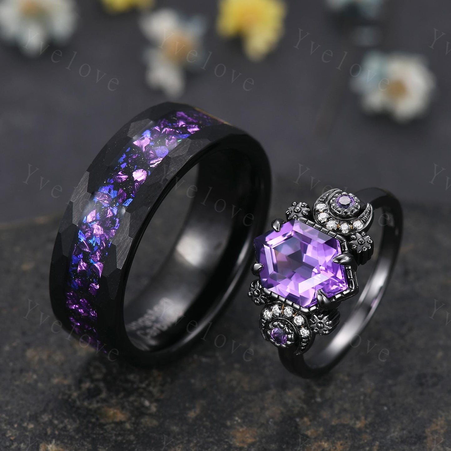 Gothic Amethyst Moon Couples Ring His and Hers Ring Set Tungsten Purple Matching Unique Wedding Band Outer Space Ring Promise Ring Gift