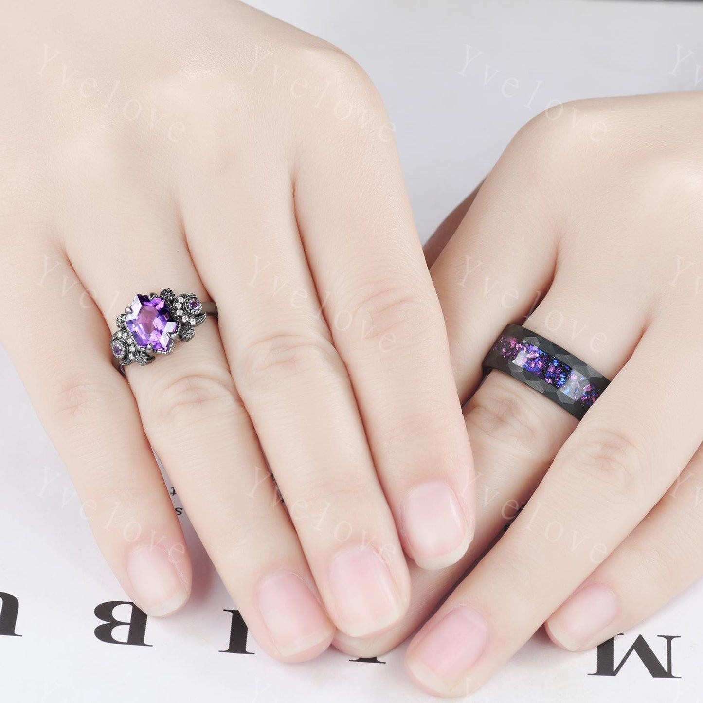 Gothic Amethyst Moon Couples Ring His and Hers Ring Set Tungsten Purple Matching Unique Wedding Band Outer Space Ring Promise Ring Gift