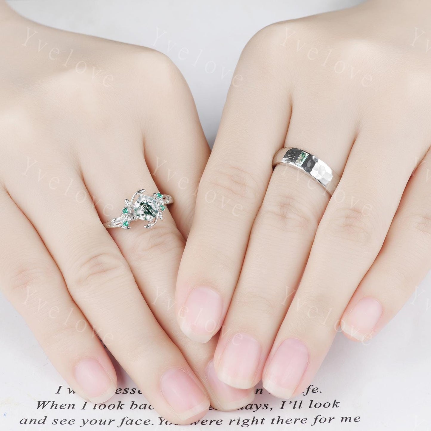 Vintage Moss Agate Couple Rings His and Hers Wedding Band Nature Inspired Green Gems Couple Ring Set Sterling Silver Bridal Promise Gift