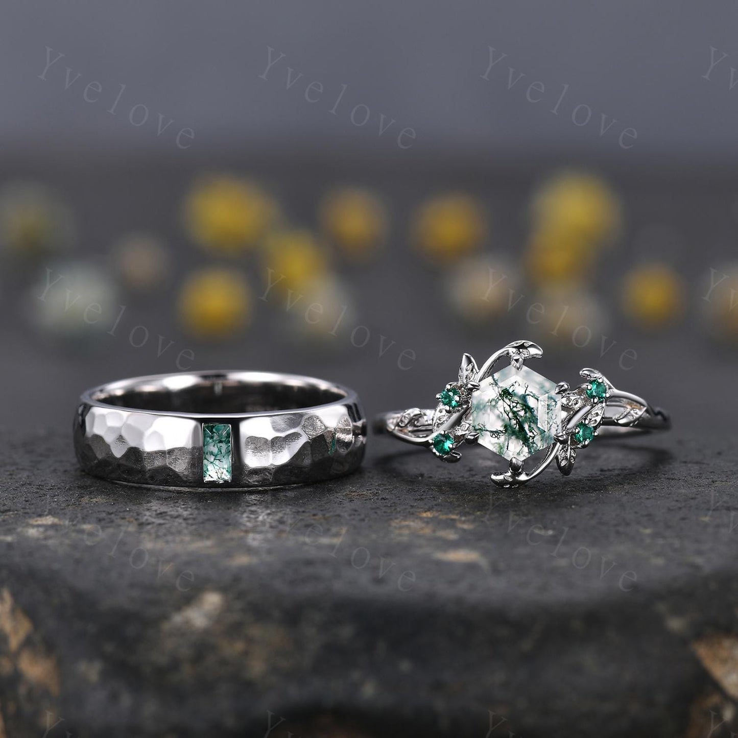 Vintage Moss Agate Couple Rings His and Hers Wedding Band Nature Inspired Green Gems Couple Ring Set Sterling Silver Bridal Promise Gift