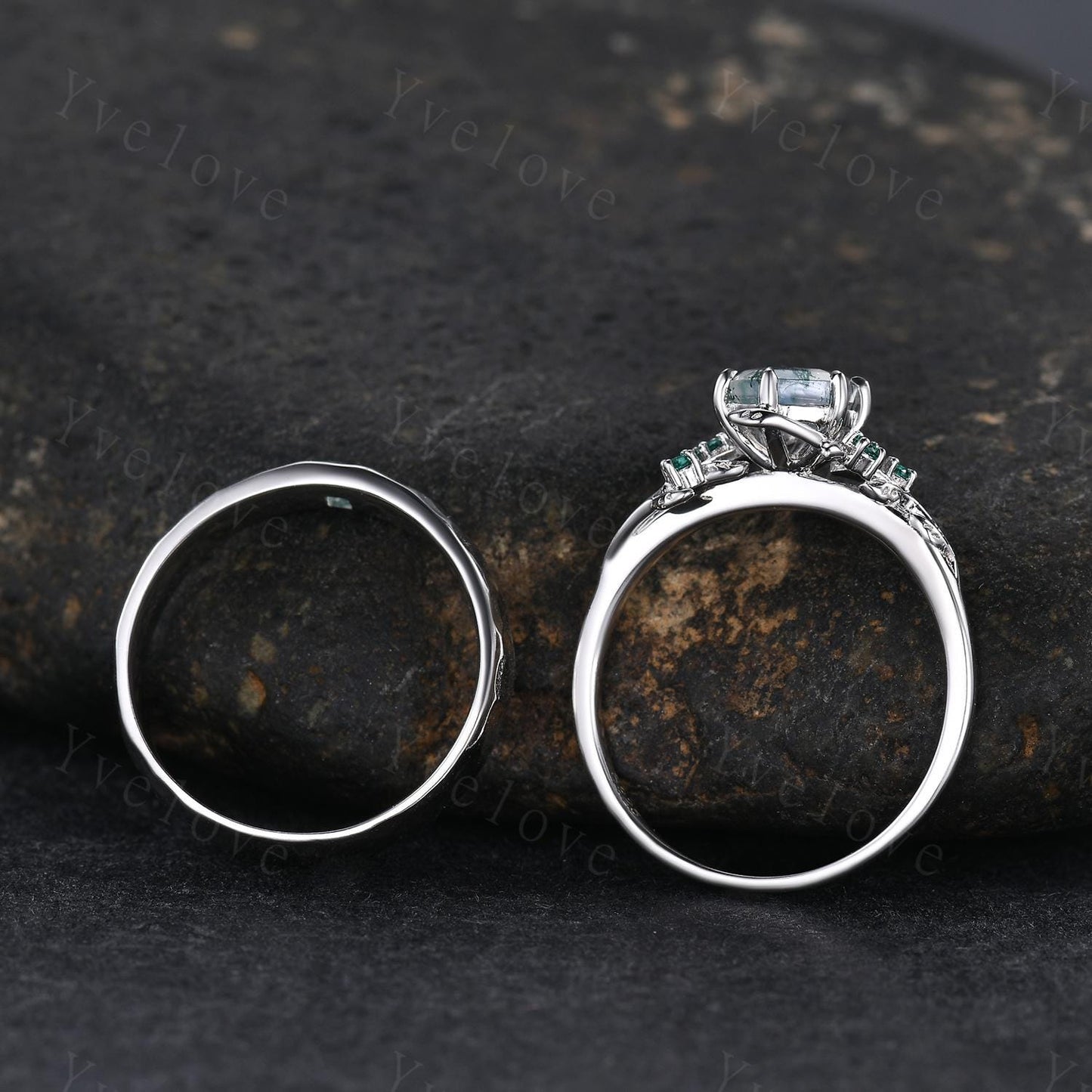Vintage Moss Agate Couple Rings His and Hers Wedding Band Nature Inspired Green Gems Couple Ring Set Sterling Silver Bridal Promise Gift
