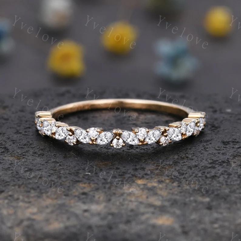 Marquise Moissanite wedding band 14k gold vintage yellow moissanite ring antique unique stacking matching band anniversary gift promise ring