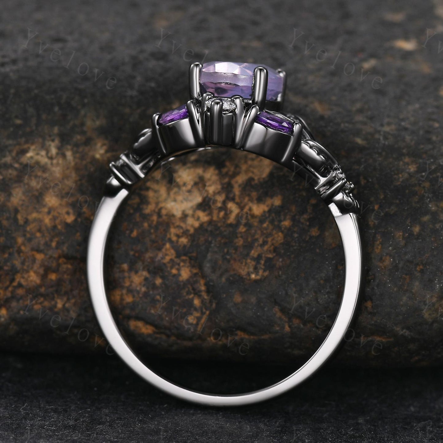 Purple Lavender Amethyst Engagement Ring February Birthstone Oval Amethyst Ring Black Gold Leaf Nature Inspired Bridal Ring Personalized