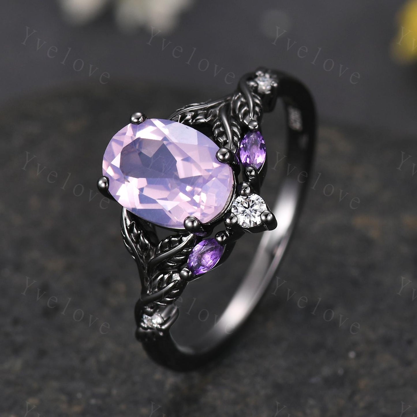 Purple Lavender Amethyst Engagement Ring February Birthstone Oval Amethyst Ring Black Gold Leaf Nature Inspired Bridal Ring Personalized